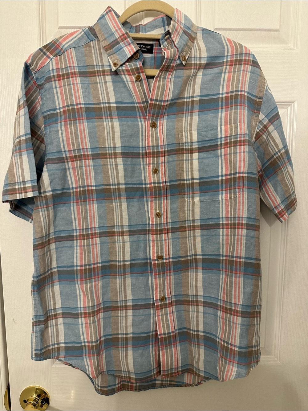 Roundtree & Yorke Mens Medium Blue Pink Plaid Linen Cotton Short Sleeve Shirt